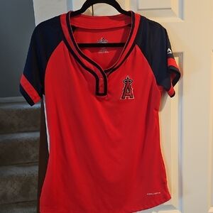 Majestic MLB Angels Basrball Women's Red and Navy Jersey Top L Large